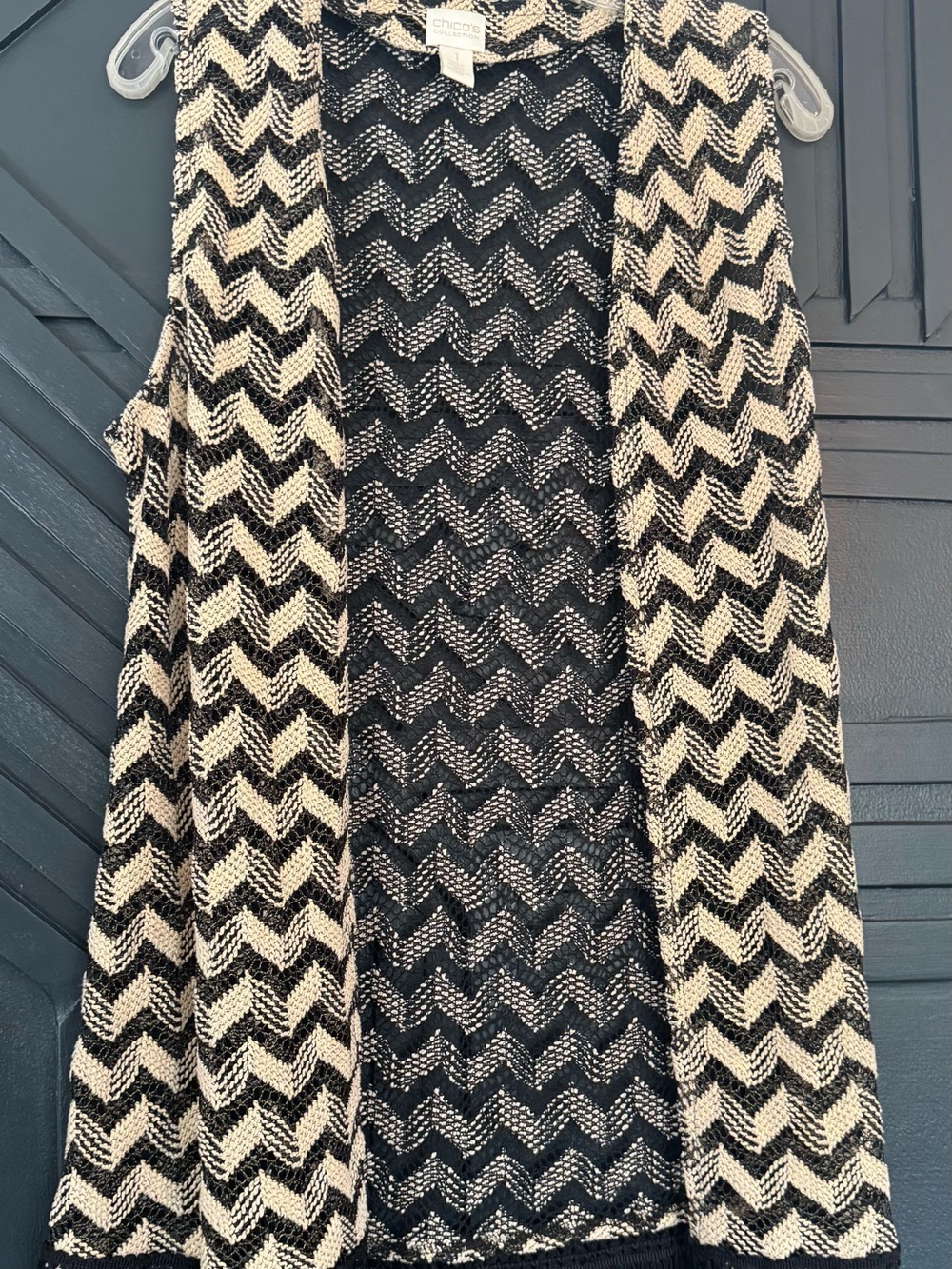 Chico's Black & Cream Chevron Knit Open-Front Vest